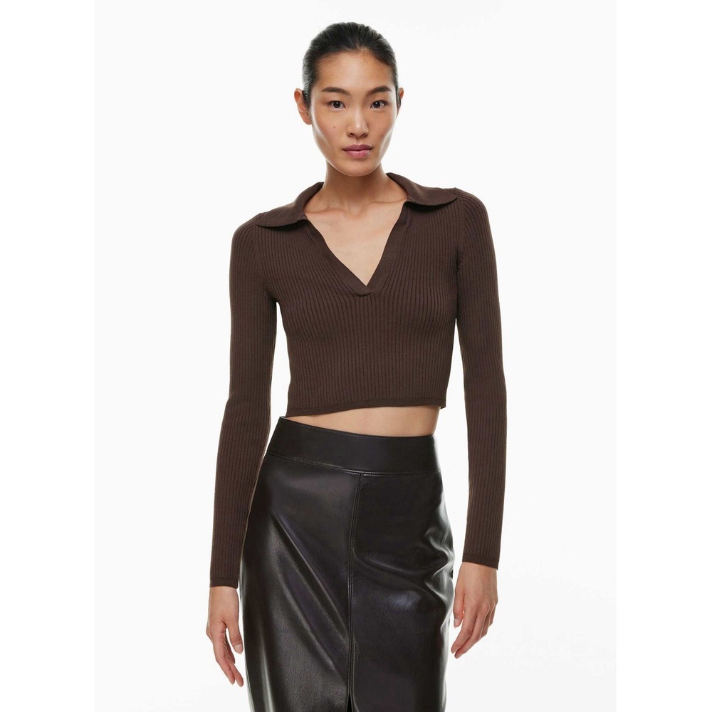 BABATON Aritzia Sculpt Knit Polo Long Sleeve Rich Maroon Brown M